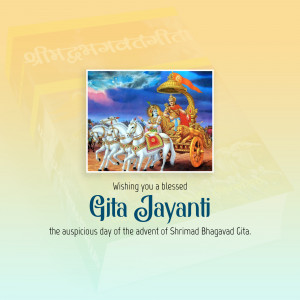 Image depicting Lord Krishna on a chariot with Arjuna, celebrating Gita Jayanti