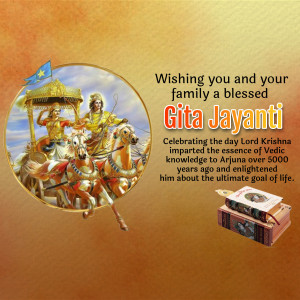 Image depicting Lord Krishna and Arjuna on a chariot with text wishing a blessed Gita Jayanti.