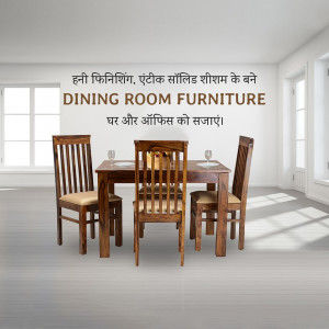 A four-seater wooden dining table set with chairs in a bright room.