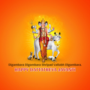 Image of Lord Dattatreya with his companions on a vibrant orange background, celebrating Dattatreya Jayanti.