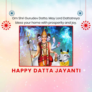 Image depicting Lord Dattatreya with a cow and blessings for prosperity.