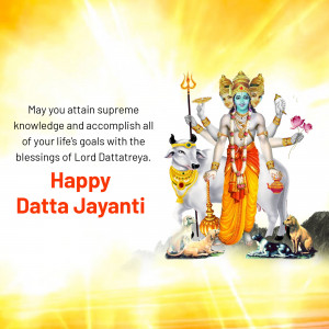 Image of Lord Dattatreya with a cow, dog, and text 'Happy Datta Jayanti'