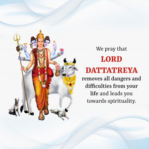 Image of Lord Dattatreya with a cow, dog, and horse, accompanied by a prayer.