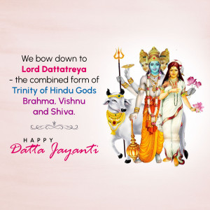 Image depicting Lord Dattatreya with Brahma, Vishnu, and Shiva, and a cow, with text 'Happy Dattatreya Jayanti'