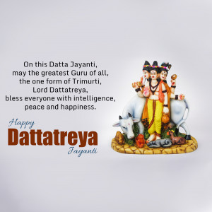Image of Lord Dattatreya with cows and text wishing Happy Dattatreya Jayanti