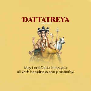Image depicting Lord Dattatreya with three heads and accompanied by a cow and four arms, with text 'Dattatreya Jayanti' and a blessing.
