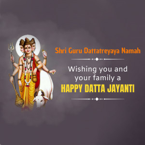Image of Lord Dattatreya with text wishing Happy Datta Jayanti