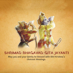 Illustration of Krishna and Arjuna with text 'Shrimad Bhagavad Gita Jayanti'