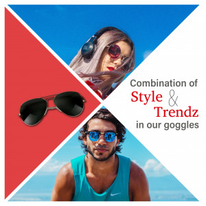Advertisement featuring three models wearing different styles of sunglasses against a vibrant red and blue background.