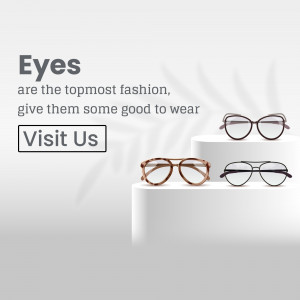Three pairs of fashionable eyeglasses displayed on white platforms