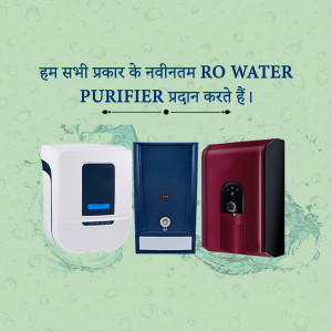 Three different RO water purifiers displayed against a light green background with water droplet effects.