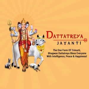 Image depicting Lord Dattatreya with a cow and dogs, celebrating Dattatreya Jayanti.