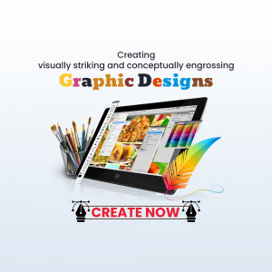 Image showcasing graphic design tools and a digital display with design examples.
