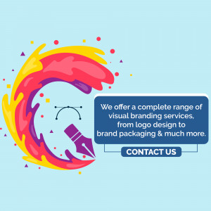 Colorful illustration promoting visual branding services with a pen and abstract shapes.