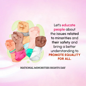Diverse hands raised in solidarity with text promoting minorities rights and equality.