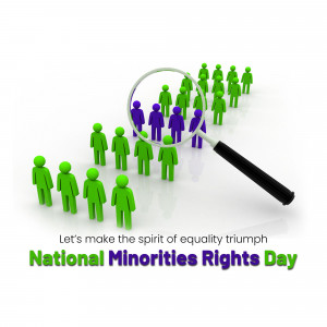 A magnifying glass hovering over a group of green and purple figures, symbolizing the search for equality and minority rights.