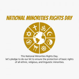 National Minorities Rights Day graphic with religious symbols and a globe.