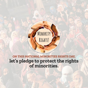 Hands forming a circle with the word 'Minority Rights!' on a background of people.