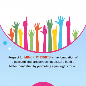 Diverse hands raised in support of minority rights with text promoting equality.