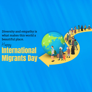Illustration depicting people of diverse backgrounds walking towards a globe with connecting lines, celebrating International Migrants Day.