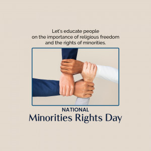 Hands of diverse skin tones clasped together with text promoting religious freedom and minority rights.