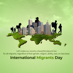 Silhouette of people on a world map with a city skyline, promoting International Migrants Day.