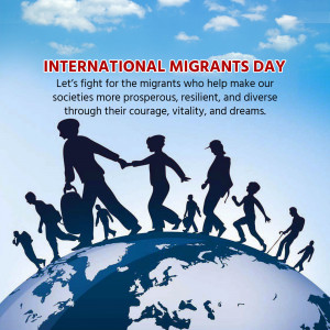 Silhouette of migrants walking on a globe with text 'International Migrants Day'
