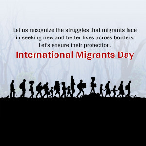 Silhouette of migrants walking towards a brighter future with text 'International Migrants Day'