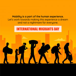 Silhouette of migrants walking with belongings against a city skyline and orange background with text 'International Migrants Day'