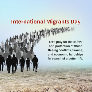 Silhouette of people walking towards the horizon with text 'International Migrants Day'