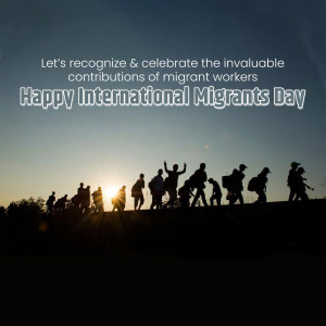 Silhouette of migrant workers walking towards the sun with text 'Happy International Migrants Day'