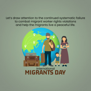Illustration depicting a migrant family with a globe and suitcases, promoting International Migrants Day.