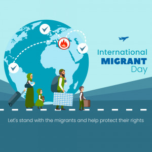 Illustration depicting migrants walking towards a globe with travel routes, celebrating International Migrant Day.