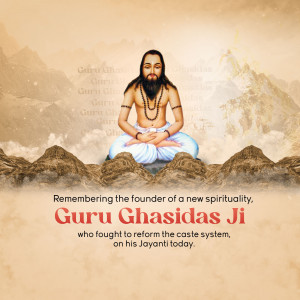Image of Guru Ghasidas Ji in a meditative pose with mountains in the background and text commemorating his Jayanti.