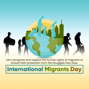 Illustration depicting migrants and a globe with a city skyline, promoting International Migrants Day.