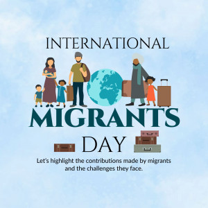 Illustration depicting a diverse group of migrants with a globe and suitcases, celebrating International Migrants Day.