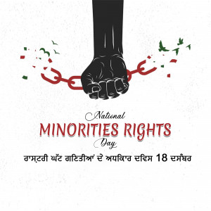 A clenched fist breaking chains with text commemorating National Minorities Rights Day.