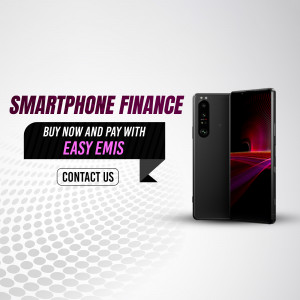 Smartphone finance offer with a black phone and text promoting easy EMIs.