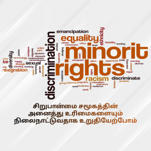 Word cloud representing minority rights, equality, and related concepts.