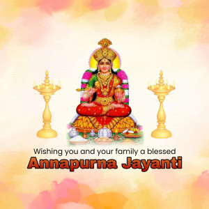 Image of Goddess Annapurna with oil lamps and offerings, wishing a blessed Annapurna Jayanti.