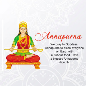 Image of Goddess Annapurna with text wishing a blessed Annapurna Jayanti