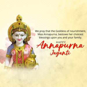 Image of Goddess Annapurna with text wishing Happy Annapurna Jayanti