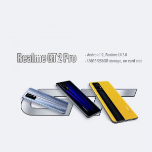 Realme GT 2 Pro smartphone in three different colors - blue, black, and yellow.