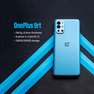 Close-up of a blue OnePlus 9RT smartphone with specifications listed.