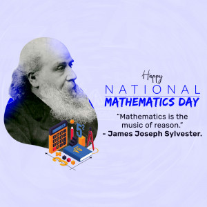 Image celebrating National Mathematics Day with a portrait of Srinivasa Ramanujan and mathematical elements.