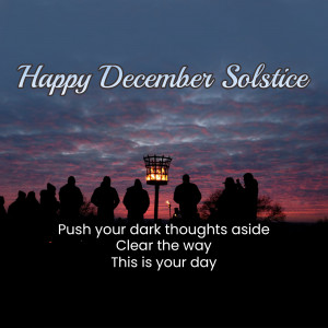 Silhouette of people watching a sunset with text 'Happy December Solstice'