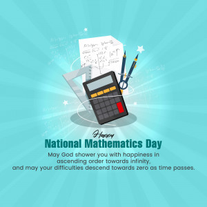 Illustration for National Mathematics Day with calculator, pencils, and mathematical formulas.