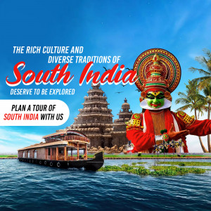South India tourism poster featuring Kathakali performer, backwaters, and temples.