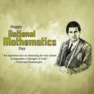 Portrait of Srinivasa Ramanujan with text celebrating National Mathematics Day