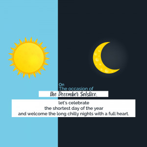 Illustration of a sun and moon with text celebrating the December Solstice
